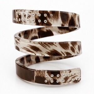 Leopard Print Resin Spiral Cuff Bracelet Brown Rhinestone Wrap Bangle